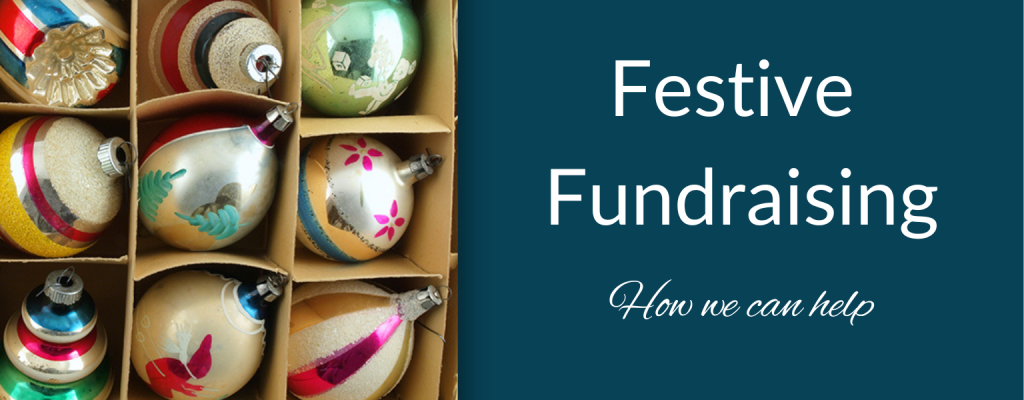 Box of vintage baubles on a blue background, text saying, Festive fundraising, how we can help