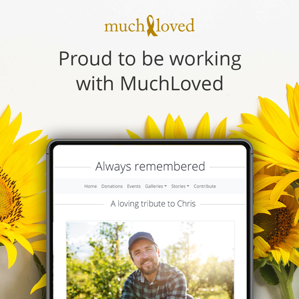 A MuchLoved tribute page on a tablet, on a background of sunflowers