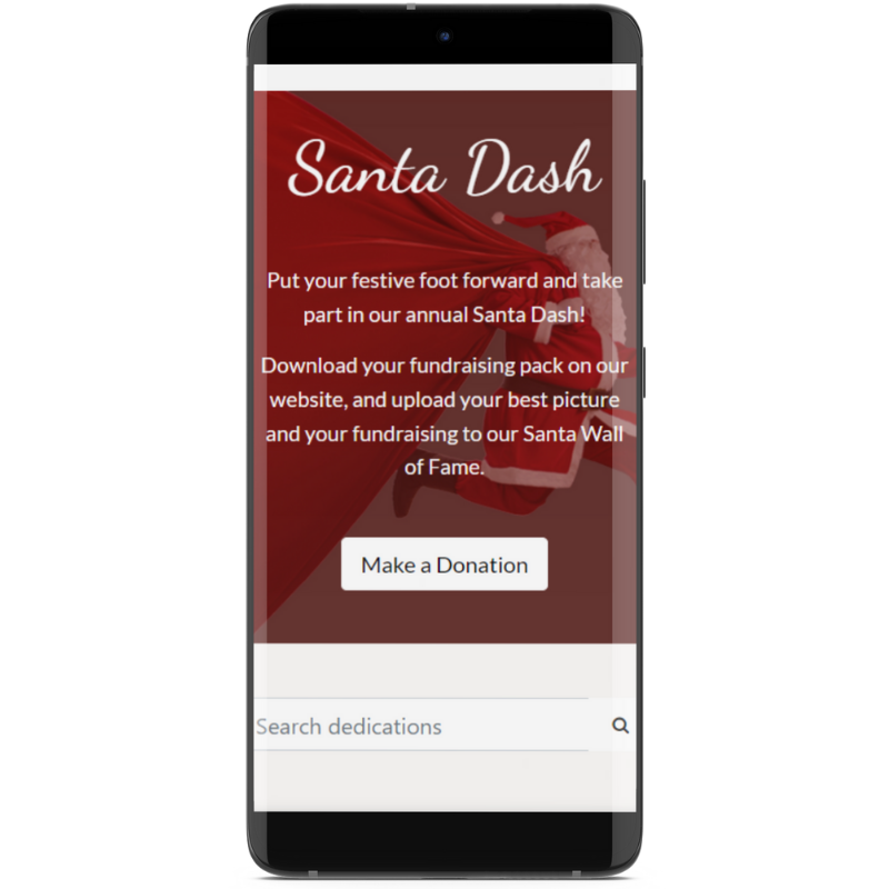 A smartphone with an image of a Santa Dash dedication page on the screen