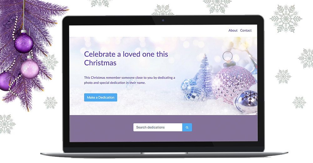 A laptop with a Christmas memorial dedication page, on a background of snowflakes and purple baubles